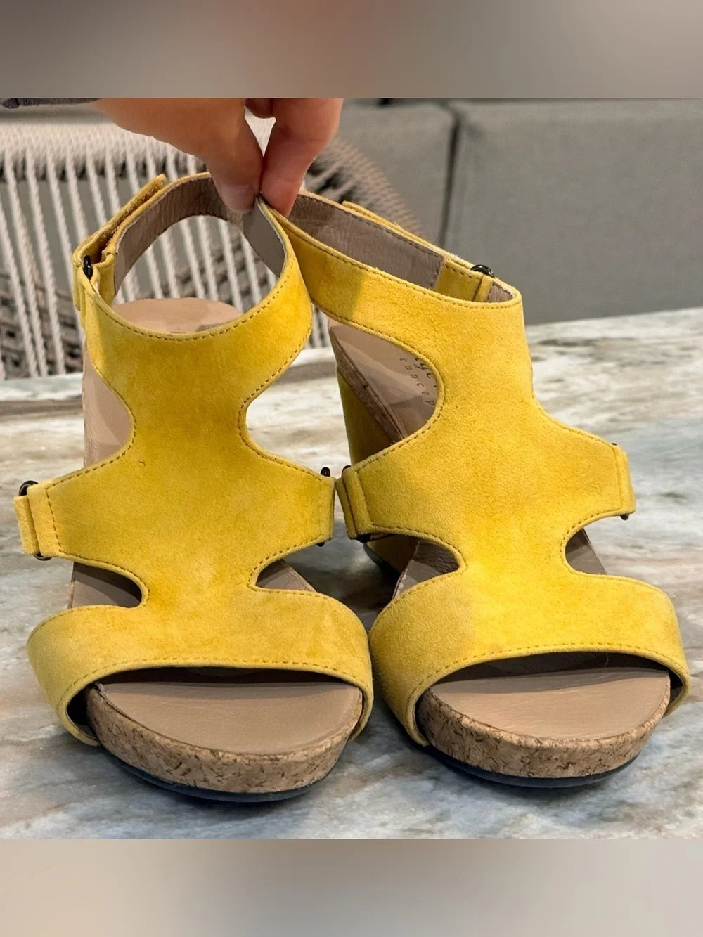 Women’s BETTYE MULLER Concept Tobias platform wedge sandals-yellow suede. Size 8
